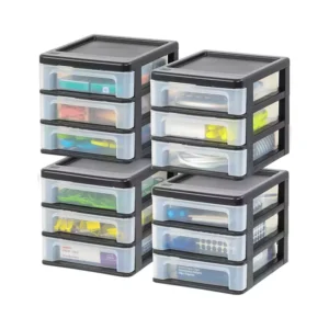 IRIS USA Plastic Stacking Desk Top 3-Drawer Storage Organizer, 4-Pack, for Makep Vanity Nail Polish Bathroom Stationery Art Craft Supplies Kitchen Office Garage and Small Organization, Small, Black