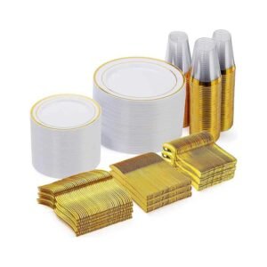 Goodluck 600 Pieces Gold Disposable Plates for 100 Guests, Plastic Plates for Party, Dinnerware Set of 100 Dinner Plates, 100 Salad Plates, 100 Spoons, 100 Forks, 100 Knives, 100 Cups