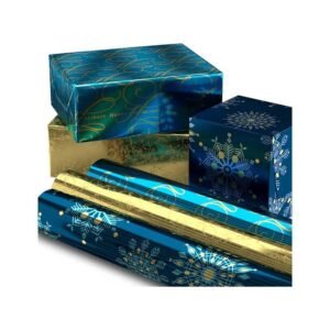 Hallmark Foil Holiday Wrapping Paper with Cut Lines on Reverse (3 Rolls: 60 sq. ft. ttl) Elegant Navy Blue and Gold for Christmas, Hanukkah, Weddings, Graduations (0005JXW1062)
