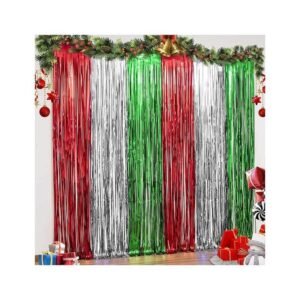 LOLStar 3 Pack Christmas Foil Fringe Curtains Christmas Party Decoration 3.3 x 6.6 ft Red Silver Green Tinsel Fringe Party Photo Backdrop Streamer Backdrop for Christmas, New Year, Ugly Sweater Party