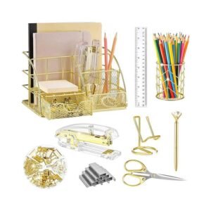 Gold Desk Organizers and Accessories Office Supplies Set Stapler, Pen Holder, Phone Holder, Scissors, Pen, Ruler, 30 Paper Clips, 22 Binder Clip, 20 Tacks and 1000pcs Staples (Gold)