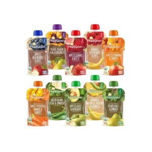 Happy Baby Organics Stage 2 Baby Food Pouches, Gluten Free, Vegan & Healthy Snack, Clearly Crafted Fruit & Veggie Puree, Fruit & Veggie Variety Pack, 4 Ounces (Pack of 10), Amazon Exclusive