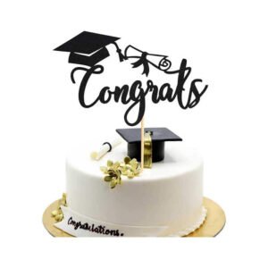 1Pc Congrats Cake Topper – Congrats Grad Cake Decor – 2024 High School/College/Senior Graduation Party Decorations Supplies – Black Glitter