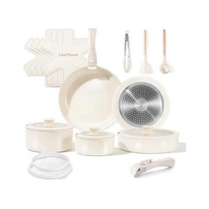 Ceramic Cookware Set with Detachable Handles, Healthy Nonstick Pans and Pots Set 19 Pcs, Induction Dishwasher Oven Safe Kitchen Set, PFAS PFOA & PTFE Free, Cream White