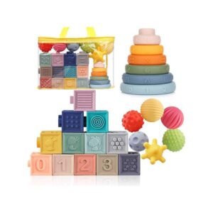 Montessori Toys Soft Stacking Building Blocks Rings Balls Sets 3 in 1 Baby Toys Bundle for Babies 6-12 Months Sensory Toys for Toddlers 1-3 Teething Bath Toys for Infants Learning Toy