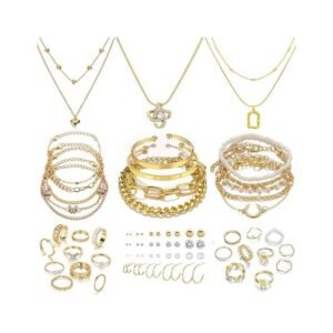 IFKM 36 PCS Gold Plated Jewelry Set with 4 PCS Necklace, 11 PCS Bracelet, 7 PCS Ear Cuffs Earring, 14 Pcs Knuckle Rings for Women Girls Valentine Anniversary Birthday Friendship Gift