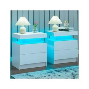 Nightstand Set of 2 LED Nightstand with 2 Drawers, Bedside Table with Drawers for Bedroom Furniture, Side Bed Table with LED Light, White