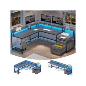 SEDETA L Shaped Office Desk, 66″ Home Office Desk with File Drawer & Power Outlet, Gaming Desk with Led Lights, Corner Computer Desk with Monitor Shelf, Printer Storage Shelves, Two Person Desk, Grey