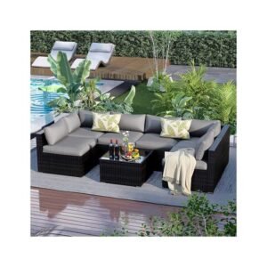 7 Pieces Patio Furniture Set – Outdoor Sectional Wicker Rattan Furniture with Cushion and Glass Table Patio Conversation Sets for Porch Poolside Backyard Outdoor Sofa Set Modular Sofa