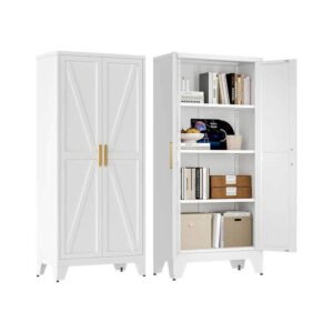 61” Farmhouse metal Storage Cabinet with Barn Doors,Steel File Cabinet for Home Office,Kitchen Pantry 3 adjustable shelves,Freestanding Cupboard for Kitchen,for Office, Home, School (White)