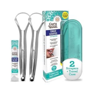 GuruNanda Tongue Scraper for Adults (2 Pack) with Travel Case, 420 Medical-Grade 100% Stainless Steel Tongue Cleaner, Aids in Fresh Breath & Oral Care