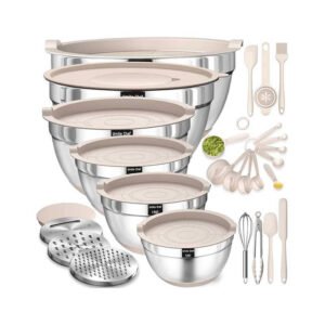 Mixing Bowls with Airtight Lids Set, 26PCS Stainless Steel Khaki Bowls with Grater Attachments, Non-Slip Bottoms & Kitchen Gadgets Set, Size 7, 4, 2.5, 2.0,1.5, 1QT, Great for Mixing & Serving