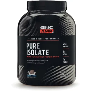 GNC AMP Pure Isolate | Fuels Athletic Strength, Performance and Muscle Growth | Fast Absorbing | 25g Whey Protein Iso with 5g BCAA | Cookies & Cream | 70 Servings